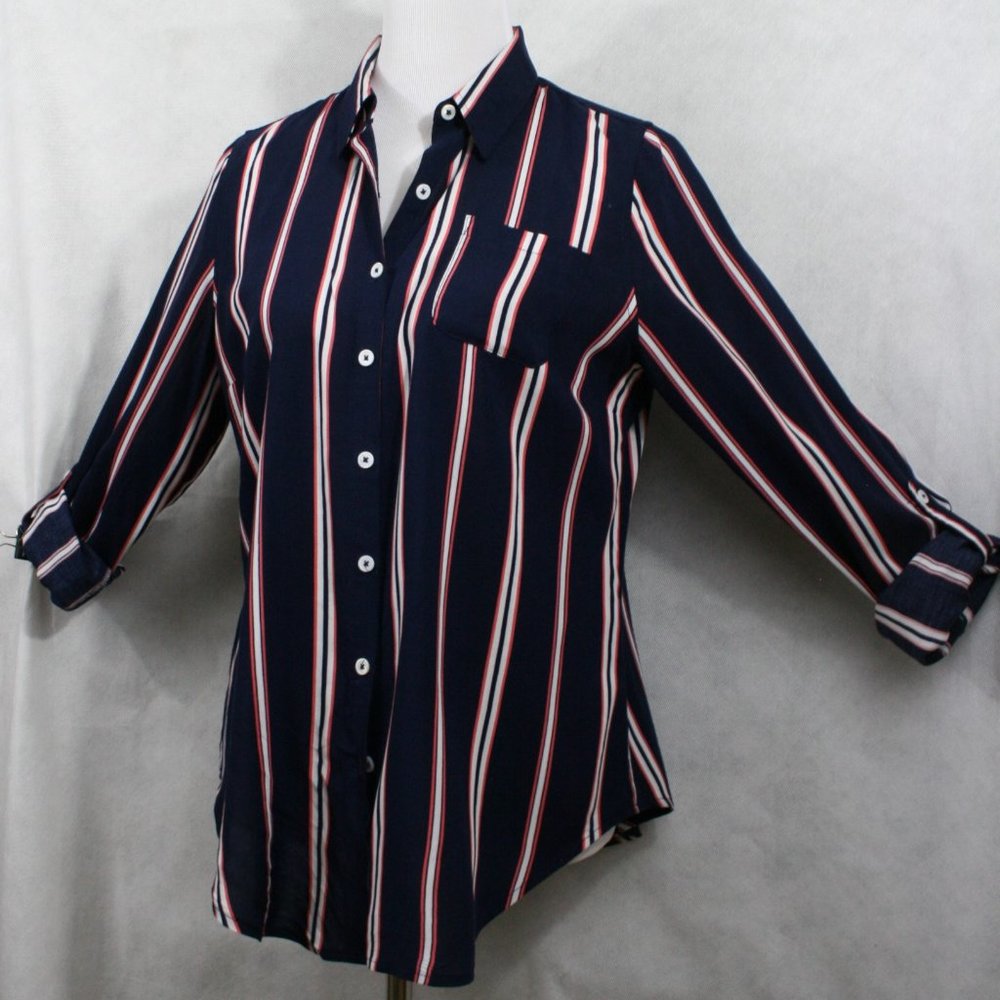 Westport Ultra-Soft Navy w/ Stripes Rayon Blouse SZ M Petite EUC